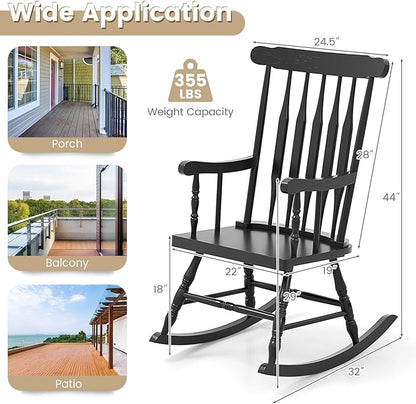 Giantex Outdoor Wood Rocking Chair - Patio Rocking Chair with Solid Rubber Wood Frame, Slat Back, Outside & Indoor Rocker for Garden, Poolside, Balcony, Backyard, Lawn, Front Porch Rocker, Black