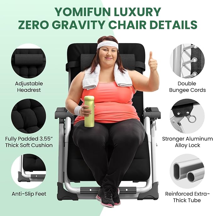 Oversized Zero Gravity Chair XL, 29In Padded Lounge Recliner Camping Chair with Removable Cushion, Adjustable Headrest - Photo 4