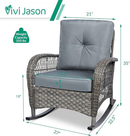 VIVIJASON 2 Piece Patio Wicker Rattan Rocker Chair, Outdoor Rattan Rocker Chair with Cushions & Steel Frame, All-Weather Rocking Lawn Wicker Furniture for Garden Backyard Porch (Grey)