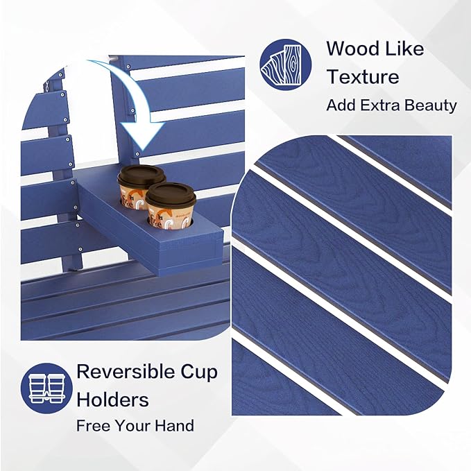 Outdoor Bench Weatherproof - HDPE 2-Person Garden Bench with Cup Holders, Bench Furniture with Backrest and Armrests, 700 lbs Capacity, Patio Park Bench for Front Porch Backyard Park (Blue)