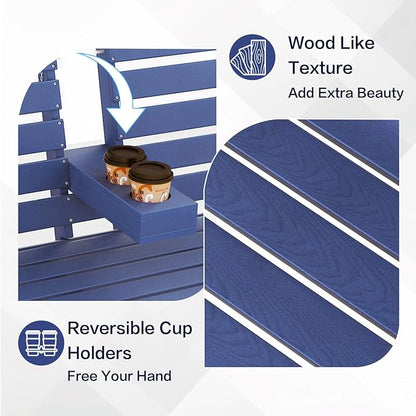 Outdoor Bench Weatherproof - HDPE 2-Person Garden Bench with Cup Holders, Bench Furniture with Backrest and Armrests, 700 lbs Capacity, Patio Park Bench for Front Porch Backyard Park (Blue)