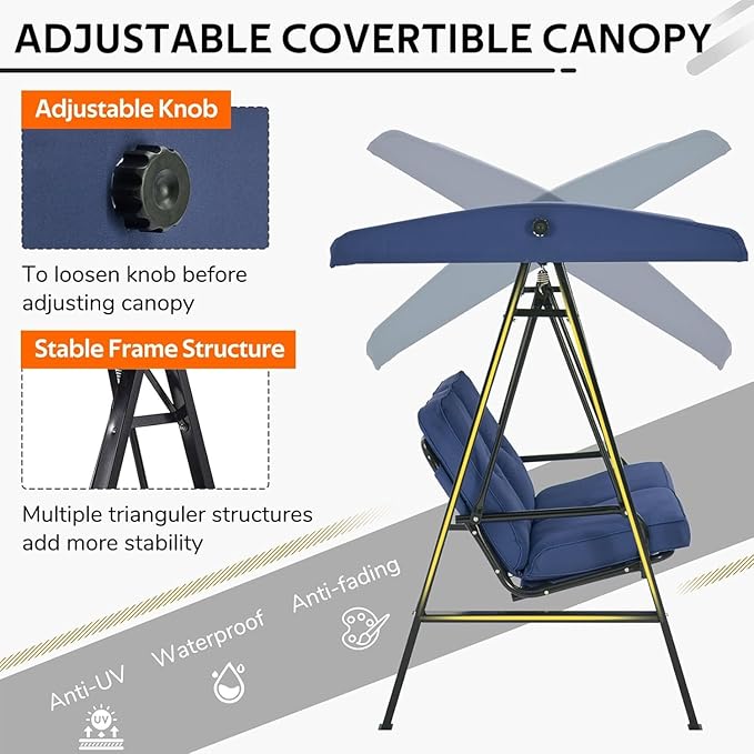 AECOJOY 2-Seat Outdoor Patio Swing Chair with Adjustable Canopy, Porch Swings Chairs for Adult - Photo 2