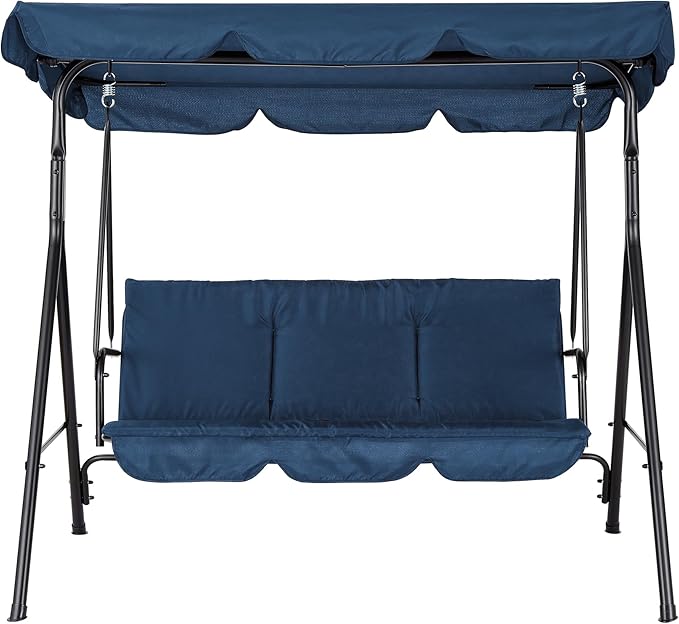 Porch Swing Chair with Adjustable Canopy for Adults 3-Seat Patio Glider Bench with Thick Cushions Steel Frame Outdoor Swing Chair for Backyard Lawn Garden Blue