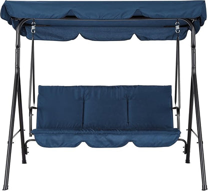 Porch Swing Chair with Adjustable Canopy for Adults 3-Seat Patio Glider Bench with Thick Cushions Steel Frame Outdoor Swing Chair for Backyard Lawn Garden Blue