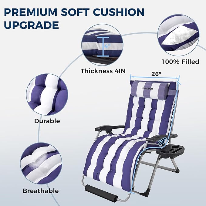 HOMSHADE XXL Zero Gravity Chair with Cushion, 33In Oversized Zero Gravity Lounge Chair, Patio Outdoor Recliner Chair for Indoor Outdoor with Headrest, Cup Holder, Footrest Support 500Lbs, Blue & White