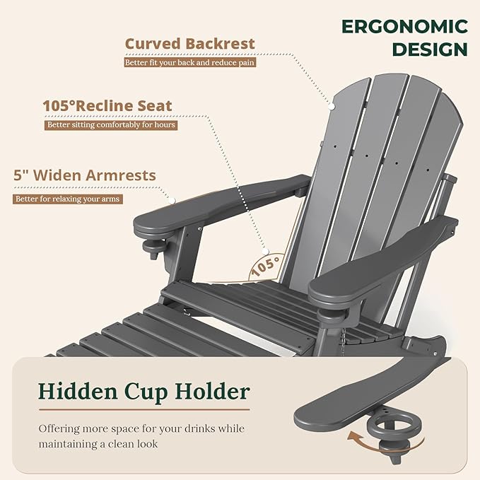 BRIOPAWS Adirondack-Chairs-with-Pull-Out-Footrest | Set of 4 | Folding | HDPE Plastic | Fire Pit Chair | All Weather | Cup Holders | Curved Back | Retractable Ottoman | for Poolside Deck | Grey