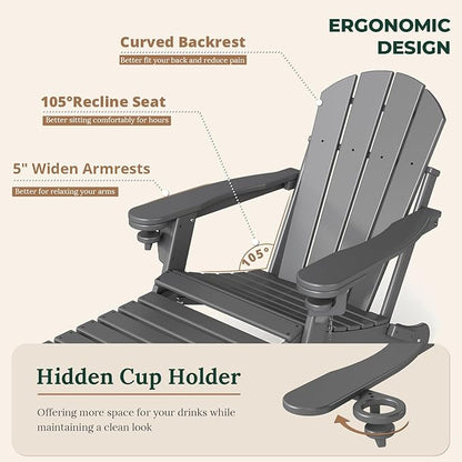 BRIOPAWS Adirondack-Chair-with-Pull-Out-Footrest | Folding | HDPE Plastic | Fire Pit Chairs | All Weather | Cup Holders | Curved Back | Retractable Ottoman | for Outdoor Deck Poolside | Grey