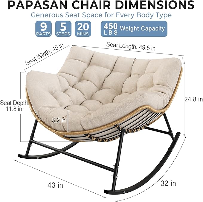 SWITTE Oversized Rocking Papasan Chair, Outdoor Wicker Egg Rocker with Thick Cushion - Photo 2