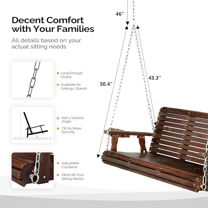 VINGLI XL Size Patio Wooden Porch Swing Outdoor with Cup Holders & Phone Slots - Photo 3