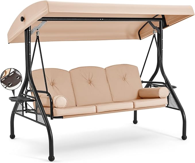 HOMREST 3 Seat Outdoor Porch Swing with Adjustable Canopy, Convertible Patio Swing Bed with Stand - Photo 1