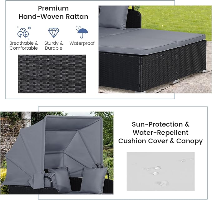 RELAX4LIFE Patio Outdoor Daybed with Canopy, Wicker Sunbed w/Cushions, 4 Pillows & 2 Retractable Side Trays - Photo 5