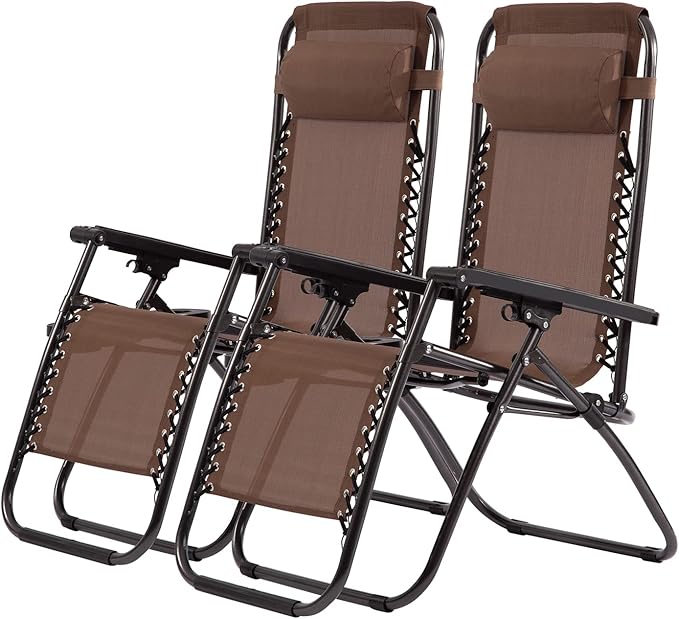 PayLessHere Adjustable Lounge Chair Beach Chair Zero Gravity Chair Folding Textilene Lawn Patio Chair with Removable Pillow and Cup Holder for Poolside Backyard Lawn Beach Set of 2,Brown