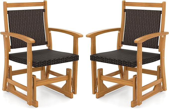 HAPPYGRILL Outdoor Glider Chair Set, Acacia Wood Porch Glider with Rattan Seat and Backrest - Photo 1