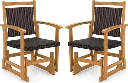 HAPPYGRILL Outdoor Glider Chair Set, Acacia Wood Porch Glider with Rattan Seat and Backrest, Swing Rocking Armchair for Patio, Backyard, Garden, Balcony