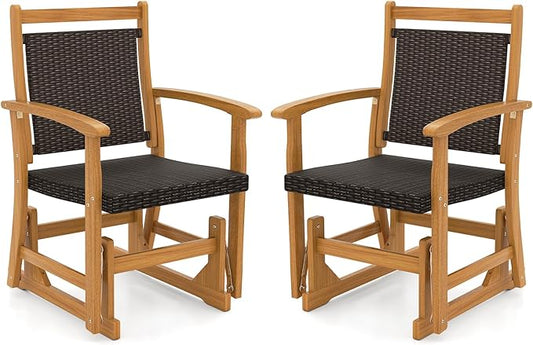HAPPYGRILL Outdoor Glider Chair Set, Acacia Wood Porch Glider with Rattan Seat and Backrest, Swing Rocking Armchair for Patio, Backyard, Garden, Balcony
