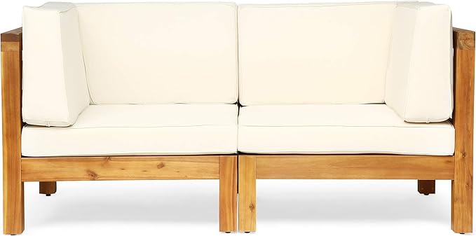 GDFStudio Outdoor Sectional Loveseat Set | 2-Seater | Acacia Wood | Water-Resistant Cushions | Teak and Beige - Photo 1