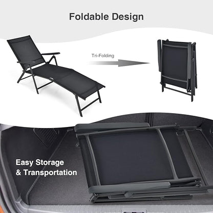 Giantex Set of 2 Patio Lounge Chair Foldable Chaise Lounger, Outdoor Sunbathing Chair W/ 5-Position Backrest, 2-Position Footrest, Portable Recliner for Yard, Lawn Tanning Pool Chairs (Black)