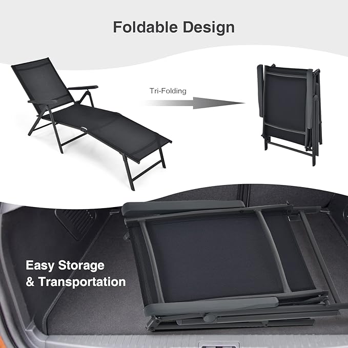 COSTWAY Folding Chaise Lounge, Lightweight & Breathable Fabric, Outdoor Tanning Recliner Chair for Deck, Beach (Black) - Photo 8