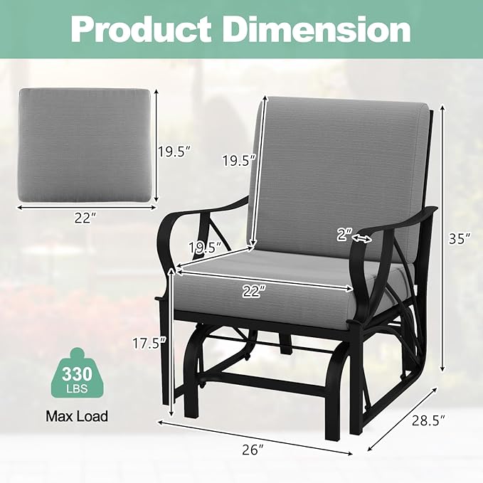Tangkula Outdoor Patio Glider, Metal Framed Gliding Chair with Cushion - Photo 3