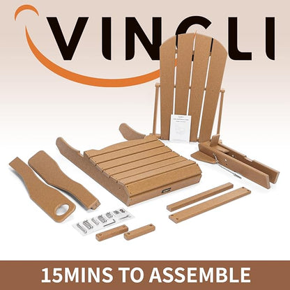 VINGLI Plastic Adirondack Chairs Set of 2, Folding with Cup Holder, Waterproof HDPE Material, Comfortable 380lb Weight Capacity for Outdoor Pool Patio Lounge Chair Lawn Furniture Firepit (Teak)
