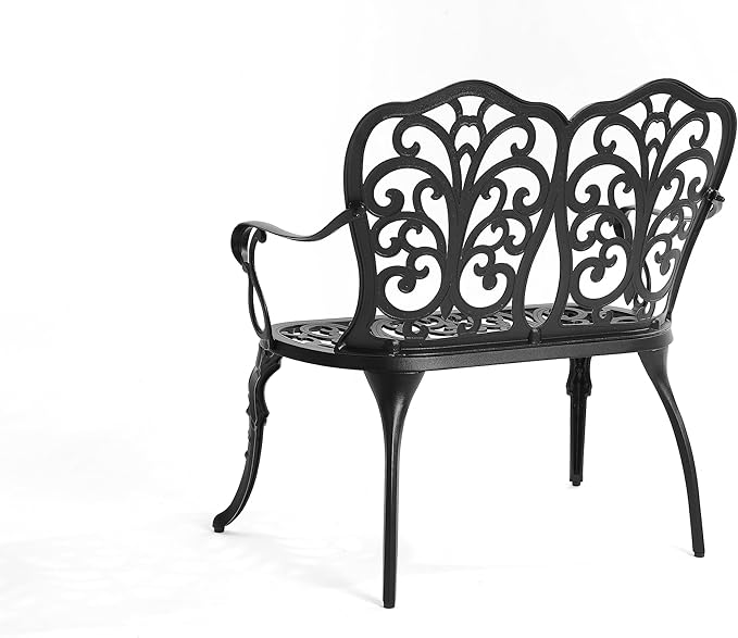 Patio Garden Bench Metal Park Bench Cast Aluminum Outdoor Furniture with Floral Rose for Patio,Park,Lawn,Yard Black