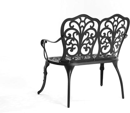 Patio Garden Bench Metal Park Bench Cast Aluminum Outdoor Furniture with Floral Rose for Patio,Park,Lawn,Yard Black