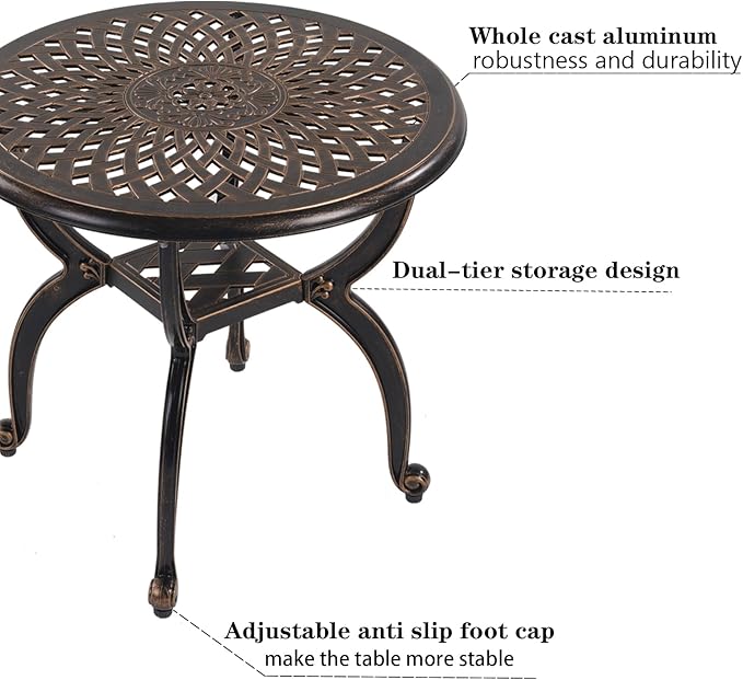 Cast Aluminum Outdoor Side Table, All Weather Round Small Coffee Table for Patio,Park,Lawn,Yard (21" Bronze) - Photo 5