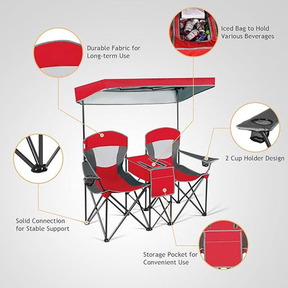 S AFSTAR Double Camping Chair w/Shade Canopy, 2-Person Folding Camp and Beach Chair with Mini Table Beverage Cup Holder Carrying Bag, Collapsible Camping Chairs for Garden Patio Pool Beach