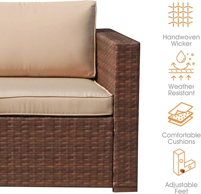 Patiorama Outdoor Wicker Loveseat 2 Pieces, All Weather Brown PE Rattan Sectional Corner Sofa Set - Photo 4