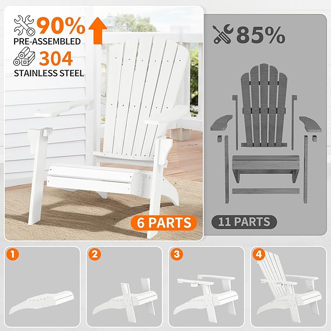 Psilvam Adirondack Chair, Oversized Poly Lumber Fire Pit Chair with Cup Holder, 350Lbs Support Patio Chairs for Garden, Weather Resistant Outdoors Seating, Relaxing Gift for Father & Mother (4,White)
