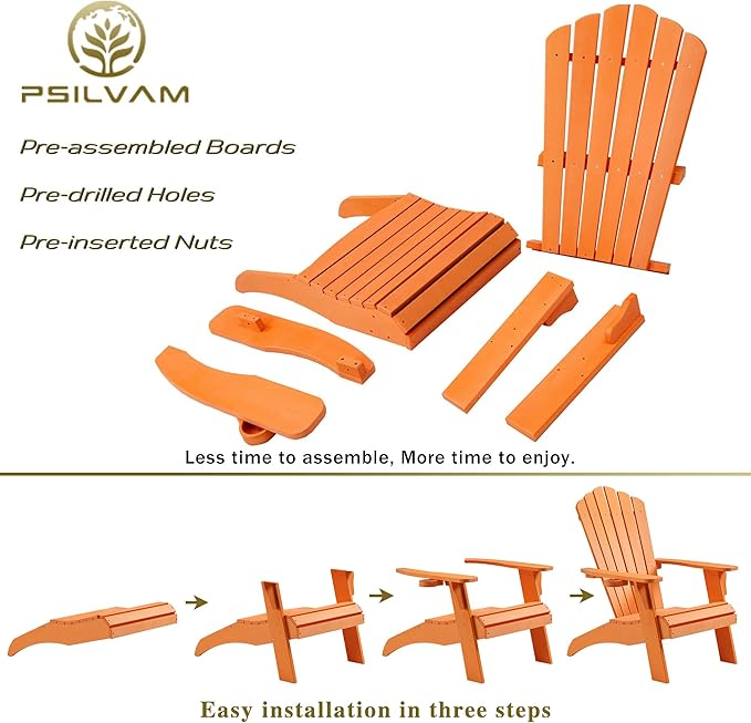 Psilvam Adirondack Chair, Oversized Poly Lumber Fire Pit Chair with Cup Holder, 350Lbs Support Patio Chairs for Garden, Weather Resistant Outdoors Seating, Relaxing Gift for Father & Mother (Orange)