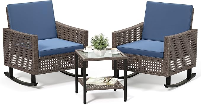 YITAHOME 3 Pieces Patio Wicker Rocking Chair Set, Outdoor Patio Furniture Set with Rattan Side Table, Thickened Cushions - Photo 1