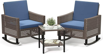 YITAHOME 3 Pieces Patio Wicker Rocking Chair Set, Outdoor Patio Furniture Set with Rattan Side Table, Thickened Cushions, Rocker Patio Chairs Set for Porch, Poolside, and Yard, Blue
