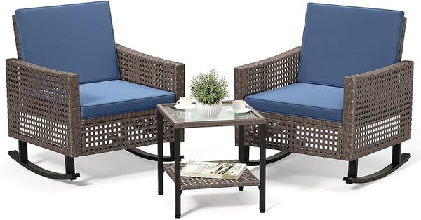 YITAHOME 3 Pieces Patio Wicker Rocking Chair Set, Outdoor Patio Furniture Set with Rattan Side Table, Thickened Cushions - Photo 1