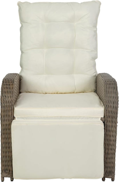 Flash Furniture Nemo Indoor/Outdoor Patio Wicker Rattan Recliner, Lounge Chair with Flip-Up Side Table, Beige/Brown