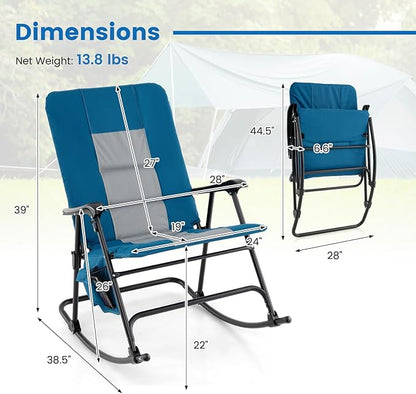 Goplus Oversized Folding Rocking Chair, Padded Patio Lounge Rocker w/Metal Frame, Armrests, Side Pocket, Lightweight Portable Rocking Chair for Backyard Camping Travel, Supports up to 500 lbs(2,Blue)