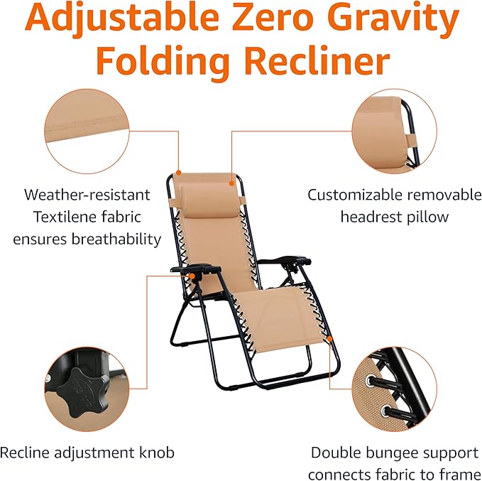 Amazon Basics Outdoor Patio Zero Gravity Folding Reclining Lounge Chair with Padded Headrest Pillow - Photo 4