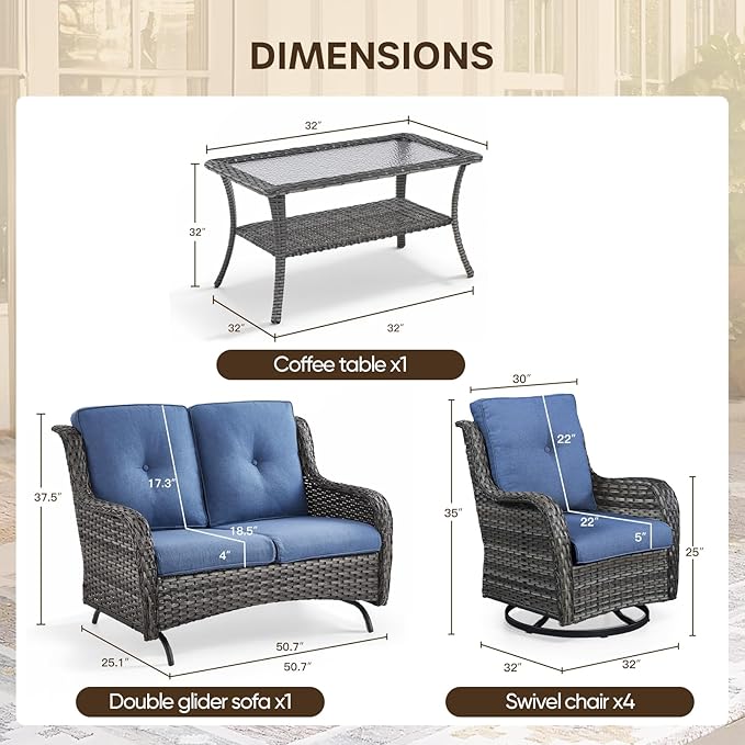 Patio Loveseat Glider Set, Resin Wicker Loveseat Glider with 2 Swivel Patio Chiars and Coffee Table, 4 Piece Patio Bistro Set Furniture Set Loveseat Set, Grey Wicker|Blue Cushions