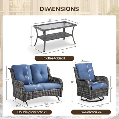Patio Loveseat Glider Set, Resin Wicker Loveseat Glider with 2 Swivel Patio Chiars and Coffee Table, 4 Piece Patio Bistro Set Furniture Set Loveseat Set, Grey Wicker|Blue Cushions