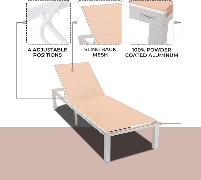 LeisureMod Marlin Aluminum Outdoor Chaise Lounge Chair - Mesh Sling Fabric Seat White Aluminum Frame Beach, Pool Lounge Chair for Modern Patio Lawn, Garden and Backyard (Light Brown)