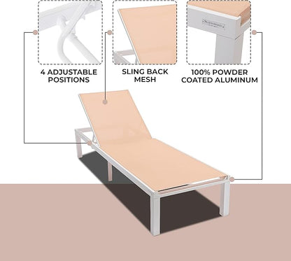 LeisureMod Marlin Aluminum Outdoor Chaise Lounge Chair - Mesh Sling Fabric Seat White Aluminum Frame Beach, Pool Lounge Chair for Modern Patio Lawn, Garden and Backyard (Light Brown)