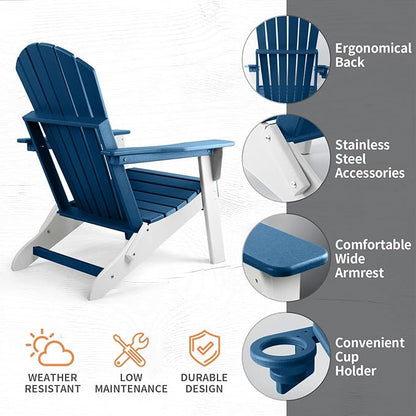 FUNBERRY Folding Adirondack Chair, Blue & White All Weather HDPE Fire Pit Chairs with Cup Holder for Outdoor