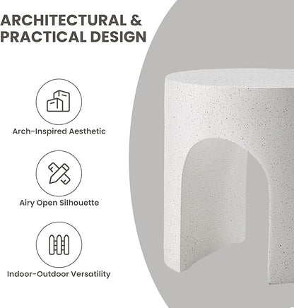 COSIEST White Outdoor Side Table, 15.7" Modern Concrete End Table with Arched Open for Patio, Small Round Outside Accent Table & Plant Stand for Garden, Porch, Deck, Balcony