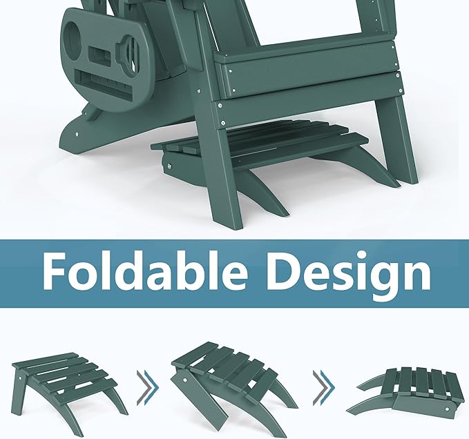 Adirondack Ottoman, Folding Adirondack Ottoman for Adirondack Chair, HDPE All Weather Outdoor Footstool for Patio, Backyard, Porch, Garden, Dark Green
