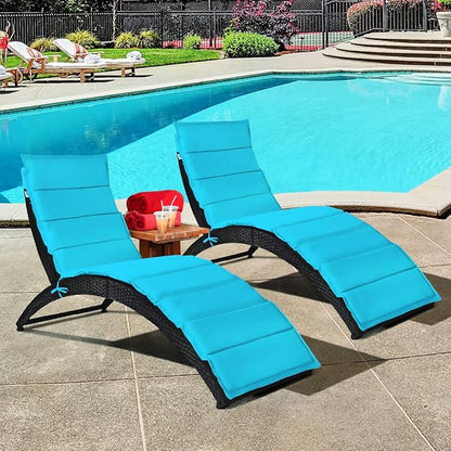Tangkula Foldable Patio Lounge Chair, Outdoor Rattan Lounger Chaise, Portable Patio Chaise with Cushion, All-Weather Wicker Furniture for Garden Lawn Balcony Backyard Poolside (2, Turquoise)