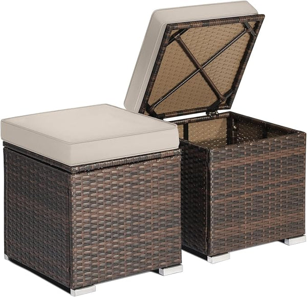 RELAX4LIFE Wicker Outdoor Storage Ottoman, 2-Piece Rattan Footstool w/Removable Cushion - Photo 1
