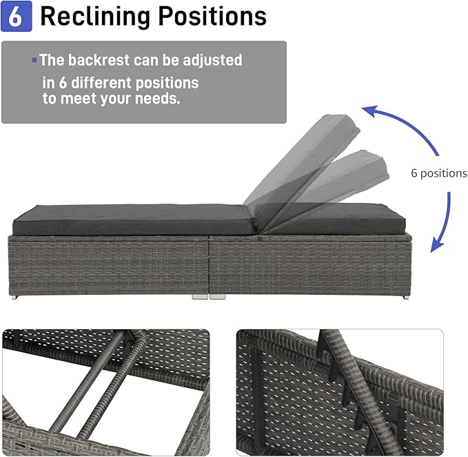 Patiorama Outdoor Patio Chaise Lounge Chair, Elegant Reclining Adjustable Pool Rattan Chaise Lounge Chair with Cushion, Grey PE Wicker, Steel Frame, Dark Grey, Set of 4