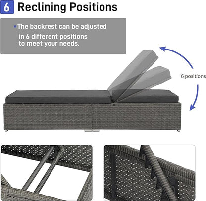 Patiorama Outdoor Patio Chaise Lounge Chair, Elegant Reclining Adjustable Pool Rattan Chaise Lounge Chair with Cushion, Grey PE Wicker, Steel Frame, Dark Grey, Set of 4