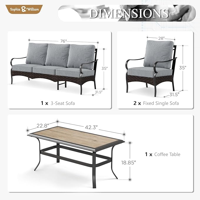 Sophia & William Patio Furniture Set, 4 Piece Metal Outdoor Conversation Set with 3-Seater Outdoor Couch, 2 Sofa Chairs - Photo 6