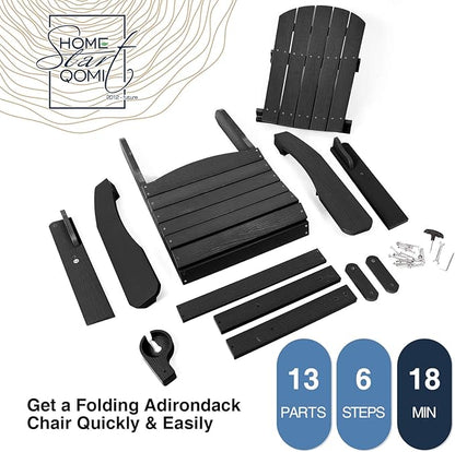 Folding Adirondack Chairs Set of 2, All Weather Resistant Plastic Chairs with Cup Holder, Fold or Unfold Easily in 1 Second, Outdoor Chairs for Patio, Garden, Backyard Deck, Lawn Fire Pit(Black)
